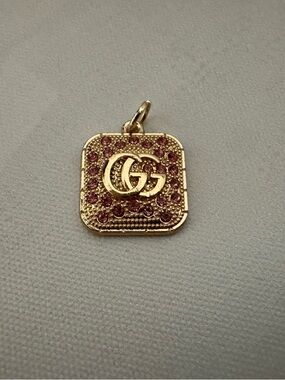 Gucci Upcycled Gold with Pink Crystals Square Pendant, Iconic GG Logo, Charm